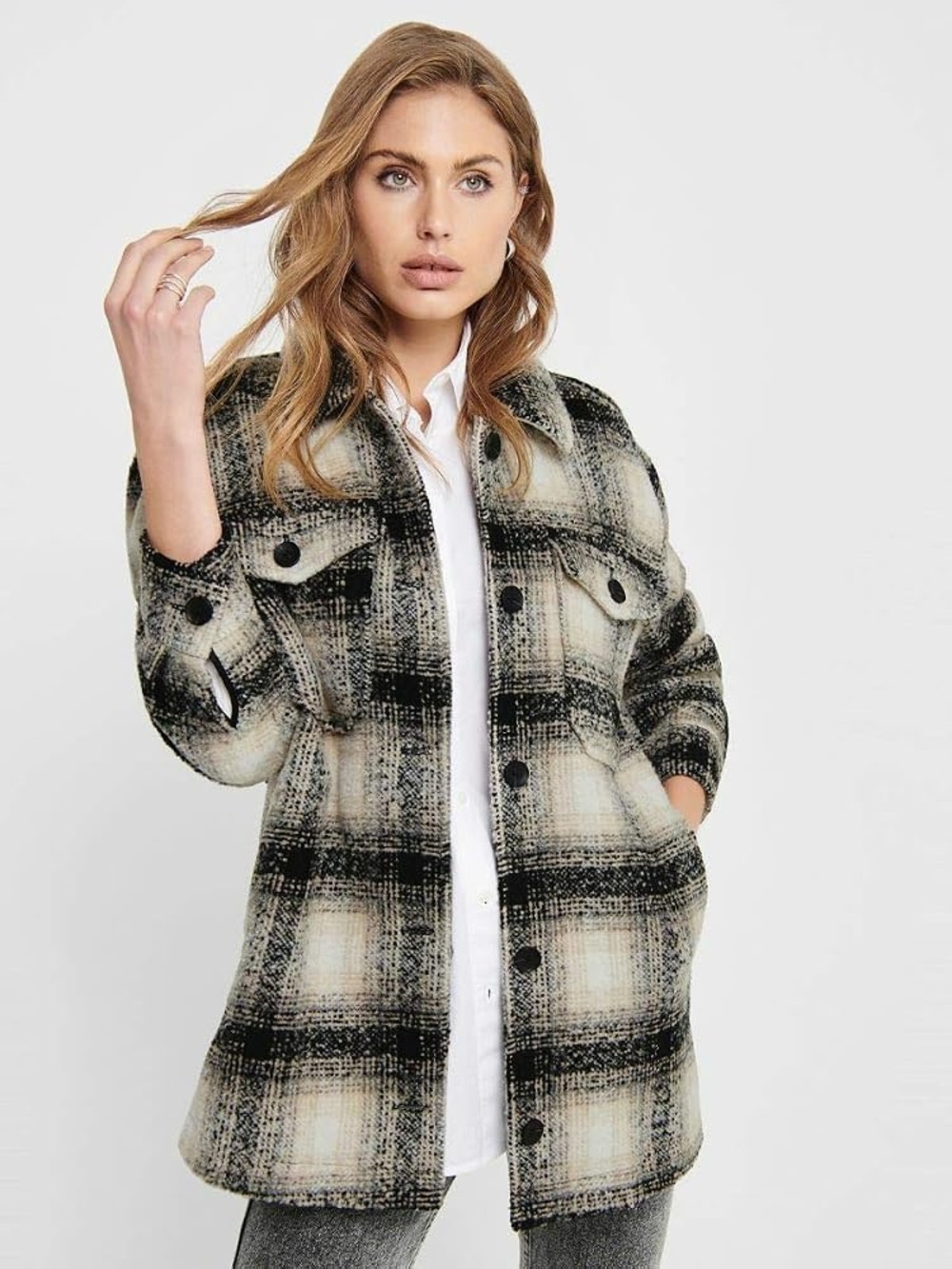 Only Black & Cream Plaid Utility Shacket
